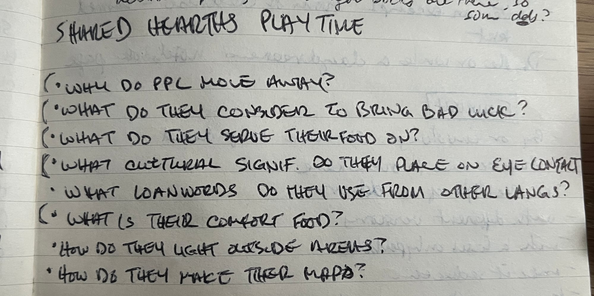 Shared Hearths Playtime, a bulleted list. Why do people move away? What do they consider to bring bad luck? What do they serve their food on? What cultural significance do they place on eye contact? What loan words do they use from other languages? What is their comfort food? How do they light outside areas? How do they make their maps?