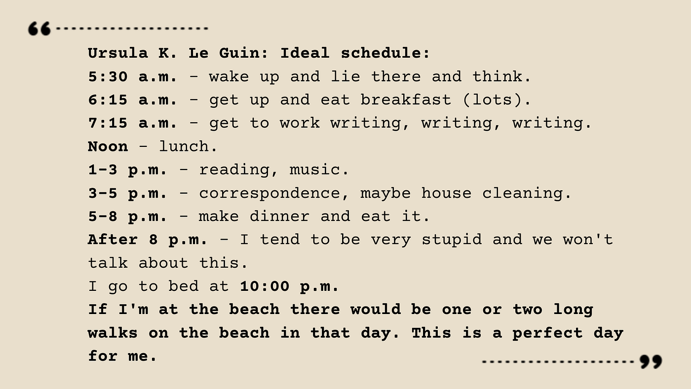 5:30 am - Wake up and lie there and think. 6:15 am - Get up and eat breakfast (lots). 7:15 am - Get to work writing, writing, writing. Noon - Lunch. 1:00-3:00 pm - Reading, Music. 3:00-5:00 pm - Correspondence, maybe house cleaning. 5:00-8:00 pm - Make dinner and eat it. After 8:00 pm - I tend to be very stupid and we won’t talk about this. I go to bed at 10:00 p.m. If I’m at the beach there would be one or two long walks on the beach in that day. This is a perfect day for me.