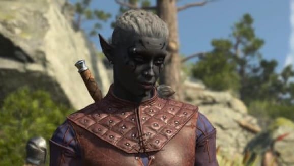 a dark elf/drow with gray-purple skin and white hair in a long braid that is shaved on the sides with black tattoos on their face and silver piercings in their eyebrows, nose, and pointed ears stares at someone offscreen, very unimpressed but slightly amused.