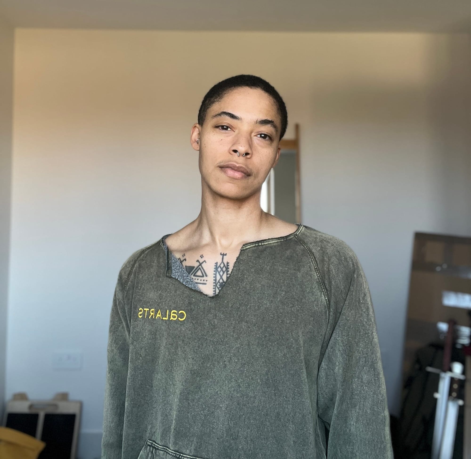 C. L. Clark standing in their office in a faded greenish CALARTS hoodie with the hood cut off. It is art.